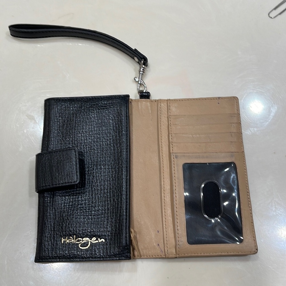 Halogen(Macys) ladies wallets. Black leather exterior/camel interior. Sanitized.